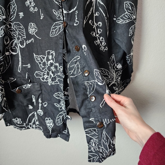 KIKO comfort clothing 100% linen top Black Floral button front lagenlook L - Picture 9 of 11